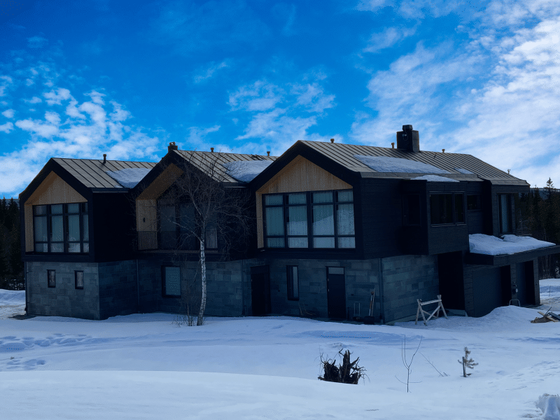 A house consisting of three houses in dark brown wood with light wooden details under the ridge and above and to the side of large window sections. The ground floor is made of gray stone and has a double and a single garage. On the roof there is a chimney and there is some snow. In front of the house there is a small birch tree, behind the house there is a spruce forest and a blue sky.
