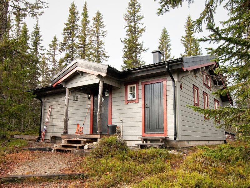 Exterior image of Fingerörtsstigen 4 in Storhogna. Gray one-story cabin with black doors and red door and window trim. Surrounded by tall fir trees and lush green ground vegetation.